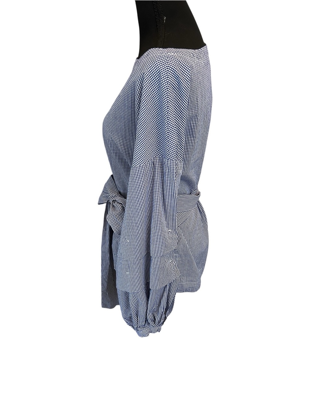 Max Jeans Blue Gingham Tie-Waist Boatneck Blouse 100% Cotton - Picture 2 of 7